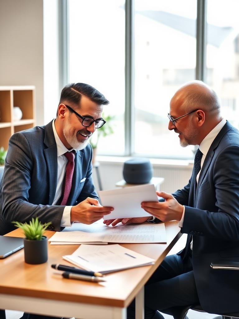 Mature male financial advisor reviewing documents with a client across a desk