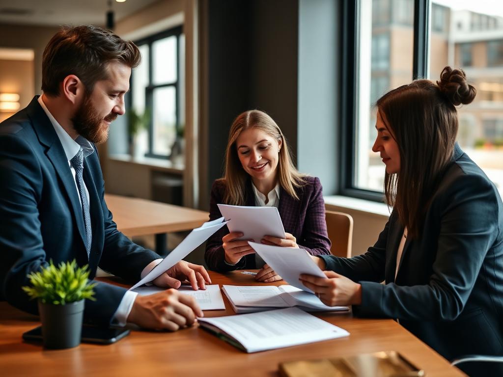 Two advisors reviewing planning documents with a young couple