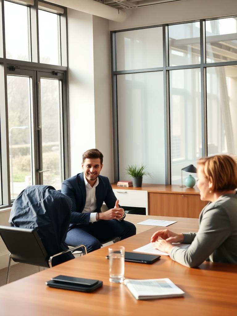 Young male financial advisor meeting with clients at a conference table